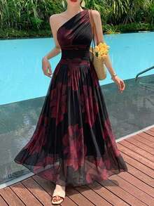 DAZY Spring Summer Women's Black Fresh Black Lace Halter Neck Asymmetric Shoulder Design Waist-Cinching Dark Pattern Long Dress - Black - View 10