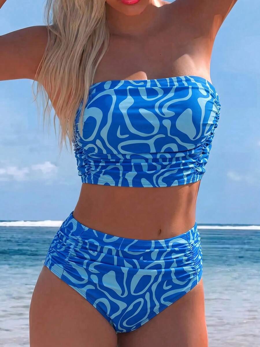 Swim Lushoire 女款豹紋抹胸上衣側邊抓皺設計搭配高腰比基尼泳褲 2 件組海灘度假泳裝套裝 - 彩色 - 查看 1
