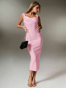 Nuvra Gaun Pesta Midi Bodycon Rajut Bergaris Burgundy dengan Potongan Pinggang Pas untuk Wanita - Baby Pink - View 7