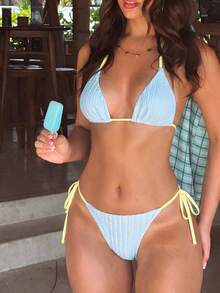 Swim Mod 2026 Spring/Summer Yellow & Blue Colorblock Thin Strap Halter Neck High Cut Side Tie String Bikini Set 2pcs Sweet Vacation Swimsuit For Women - Multicolor - View 1