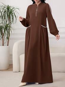 Al Najma Women Spring Autumn Elegant Modest Casual Brown Stand Collar Front Zipper Pocket Lantern Sleeve Flare Hem Big Swing Dress - Coffee Brown - View 6