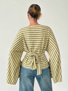 Siren Gaze Retro Striped Boat Neck Loose Top | Batwing Sleeve Slimming Cropped Top - Casual Vacation/Everyday Style - Green - View 3