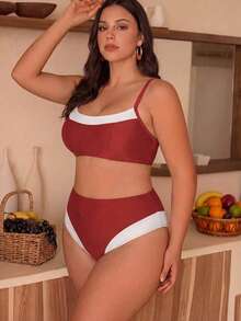 Swim Chiccia Plus Size 2 Pieces Women's Summer Colorblock Bikini Set, Minimalist Sexy Tropical Patchwork Design, High Waist Triangle Swim Bottoms, Beach All White - Red - View 7
