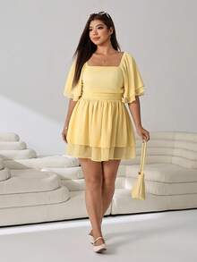 Solflare Plus Size Solid Color Shirred One-Piece Short Romper Dress For Vacation - Yellow - View 5