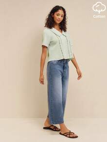 lacRébo High Waist Wide Leg Cropped Denim Jeans Washed Distressed French Style Streetwear Casual Pure Cotton Holiday Aqua Blue Autumn Everyday - Dark Wash - View 3