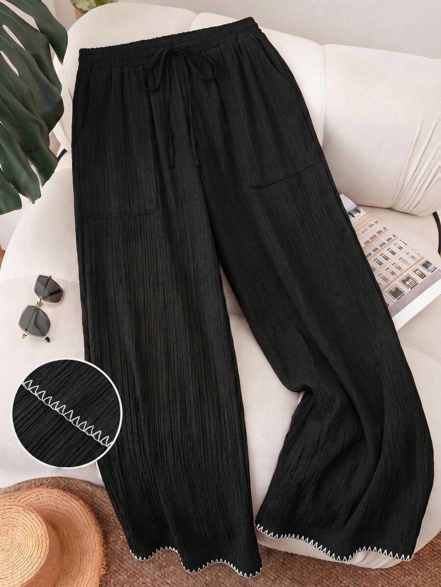 SHEIN Tall CURVE 大尺碼女款黑白對比邊緣繫帶長褲 - 黑色 - 查看 1
