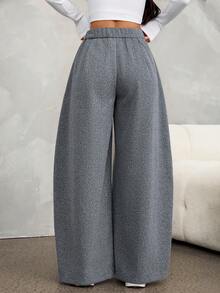SHEIN PETITE 女款秋冬復古休閒街頭風寬鬆版型弧形下擺長褲，弧形褲腿，灰色花卉 - 灰色 - 查看 3