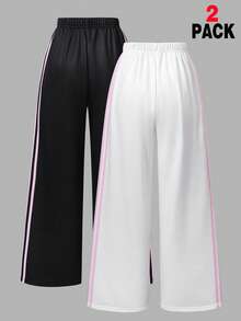 SHEIN 青少年女孩條紋拼色寬腿直筒休閒長褲 2件/套 - 黑與白 - 查看 2