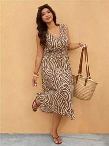 Elaquor Plus Size Vacation Fashion Zebra Print Tie Front V-Neck Dress - Multicolor - View 1