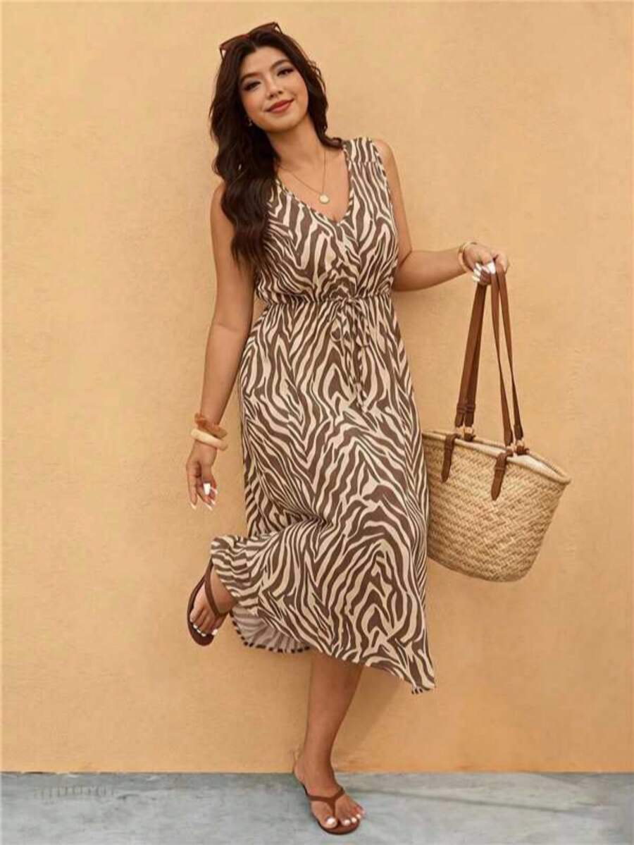 Elaquor Plus Size Vacation Fashion Zebra Print Tie Front V-Neck Dress - Multicolor - View 1