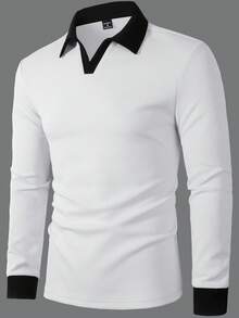 Manfinity Homme Men's Contrast Color Casual Commute Long Sleeve Polo Shirt - White - View 7