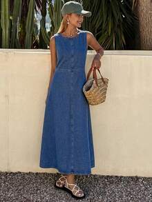 Livesso Women's Autumn Cotton Round Neck Loose Casual Solid Color Button Tie Denim Dress For Vacation And Holiday Vacation Aqua Blue - Blue - View 5