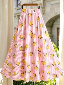 Franclia Plus Size Women's Summer Lemon Print A-Line Casual Vacation White Long Skirt Vacation - Multicolor - View 3
