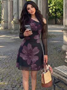 Modelyn 網格印花不對稱單肩百褶優雅性感夏季女款洋裝 - 紫色 - 查看 6