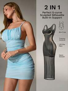 Nuvra Women's Spaghetti Strap Low-Cut Waist Lifting Mini Bodycon Dress Night Out Light Blue Summer Bandage - Baby Blue - View 4