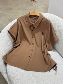 Franclia Plus Size Casual Loose Embroidered Shirt - Brown - View 6