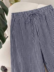SHEIN Frenchy Plus Size Women Navy Blue Striped Casual Pants Fall - Multicolor - View 3