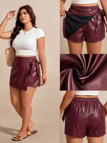 Elaquor Plus Size Summer Fashion Tie Wrap Shorts Elegant Sexy Burgundy PU Leather Skort Vacation Daily Rave Going Out For Women Casual Everyday Wear - Burgundy - View 6