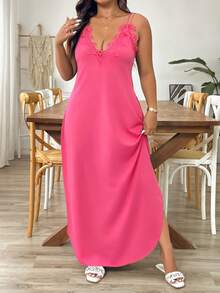 Breezaya Vestido de talla grande con tirantes finos, escote en V, bordado, unicolor y bajo asimétrico - Rosa Fucsia - Ver 5