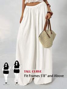 SHEIN Tall CURVE 大尺碼女款純色彈性腰寬腿休閒百搭長褲，適合日常穿著 - 米色 - 查看 3