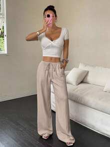 EMERY ROSE Pantalones casuales de mujer de unicolor con cintura elástica y cuerda decorativa, con bolsillos, talla grande, verano & otoño - Caqui - Ver 5