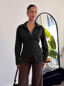 leahseptember Women's Black Autumn Elegant Button Front Tie Back Waist Cinched Chic Shirt,Seksi Chic Night Out Tops,Spring Break Commuting Back To School Casual - Black - View 7
