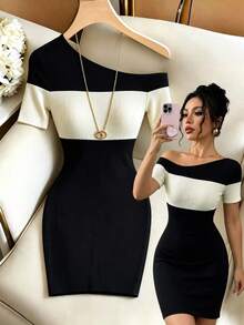 SHEIN Elenzya Women's Asymmetric Shoulder Colorblock Casual Sexy Daily Wear Dress Date Night Night Out Black And White Summer - Multicolor - View 1