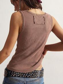 Bohemela Casual Boho Solid Color Knit Sleeveless Fitted Embroidered Tank Top For Women Vacation Brown Floral Summer - Brown - View 7