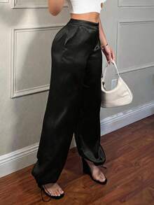 SHEIN SXY Streetwear Spring Festival Clothing Satin Work Pants Women Trousers With 3D Pockets - Black - View 1