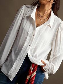 Nubod Plus Size Women's French Elegant Lace Patchwork Single-Breasted Blouse Fall - White - View 3