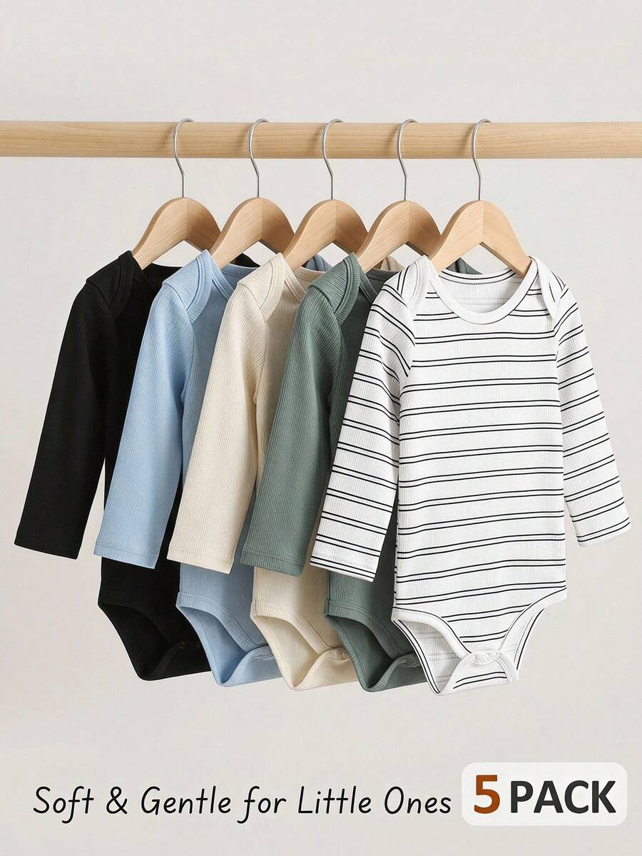SHEIN Playful Pals 5件組嬰兒新生兒休閒純色百搭長袖連身衣,適合四季穿著 - 彩色 - 查看 1