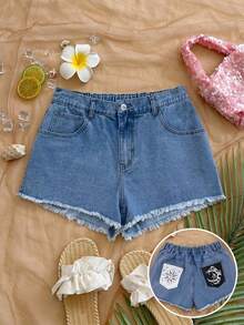Soleia Plus Size Women's Sun Face Pattern Frayed Hem Casual Denim Shorts Halloween Shorts Back To School Party Shorts Going Out Shorts Vacation Casual Shorts - Medium Wash - View 1