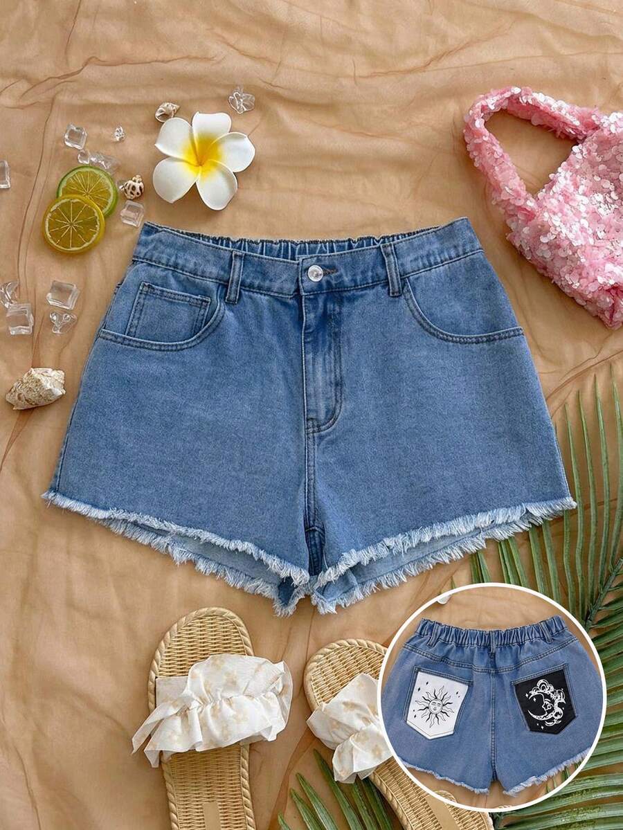 Soleia Plus Size Women's Sun Face Pattern Frayed Hem Casual Denim Shorts Halloween Shorts Back To School Party Shorts Going Out Shorts Vacation Casual Shorts - Medium Wash - View 1