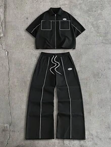 AXEPEAK Men's Short Sleeve Shirt And Long Pants Set - Black - View 2