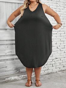 SHEIN CURVE+ 大尺碼女款純色圓弧下擺背心洋裝 - 深灰色 - 查看 9