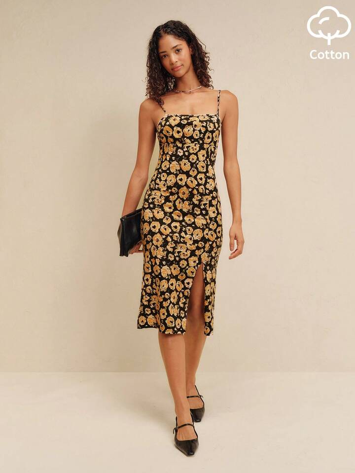 Black And Yellow Vintage Floral Print Jersey Strappy Cotton Midi Dress With A Side Slit Vaction Summer Holiday Fitted Casual Dress｜lacRébo