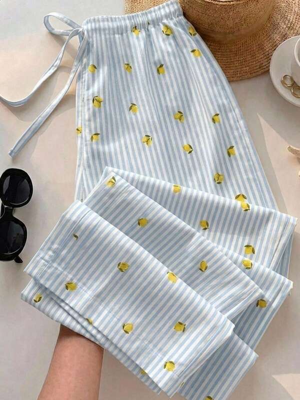 Tseoso Women's Striped Lemon Print Casual Versatile Daily Wear Long Pants