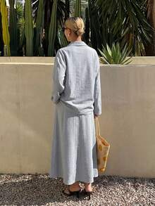 Livesso Spring Summer Minimalist Old Money Style Linen Shirt And Skirt 2-Piece Set For Women, Fashionable Elegant Relaxed Fit - Blue - View 2