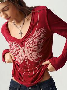 Bohemela Women's Butterfly Pattern Casual Grunge Versatile Daily Wear T-Shirt Everyday Dark Red Summer - Blue - View 2