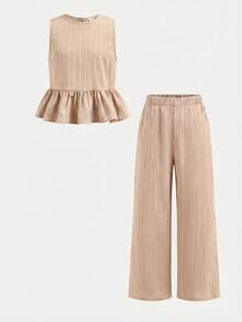 SHEIN 2pcs/Set Atasan Tank Top dan Legging Kasual Warna Aprikot dengan Leher Bulat dan Kain Bertekstur serta Pita di Belakang untuk Anak Perempuan Usia 8-12 Tahun - Aprikot - View 5