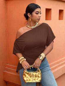 Elenzga Plus Size Women's Asymmetric Collar Sleeveless Casual T-Shirt Top, Spring/Summer - Brown - View 3