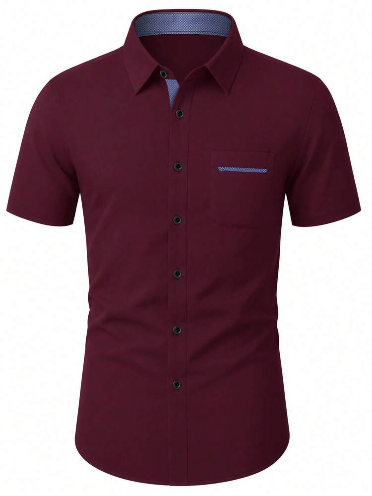 Camisa casual formal de manga corta con botones de color azul marino para hombre Manfinity Mode, para uso diario - Burdeos - Añade 4