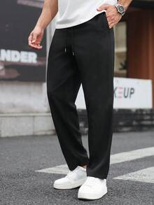 Manfinity Homme 男士純色休閒長褲 夏季卡其褲 直筒休閒褲 適合 7 月 4 日國慶與度假穿著 - 黑色 - 查看 6