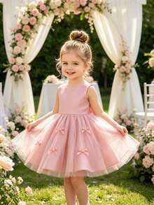 SHEIN Glamorique Kids 女婴花童伴娘礼服，婚礼，花童，优雅，大蝴蝶结，生日拍照服装，生日派对，适合正式场合，春季 - 粉色 - 查看 8