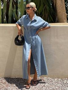Livesso Summer Autumn Collared Long Sleeve Button-Up Waist-Cinching Light Blue Solid Color Women's Denim Dress Vacation - Blue - View 5