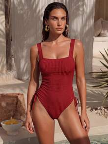 Swim Chiccia 1 件女式纯色细肩带简约连体泳衣，夏季时尚 - 紅色 - 查看 3