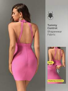Nuvra Gaun Bandage Model Halter Neck Warna Pink Terang untuk Kencan, Klub Malam, Malam Musim Panas - Berwarna merah muda - View 16