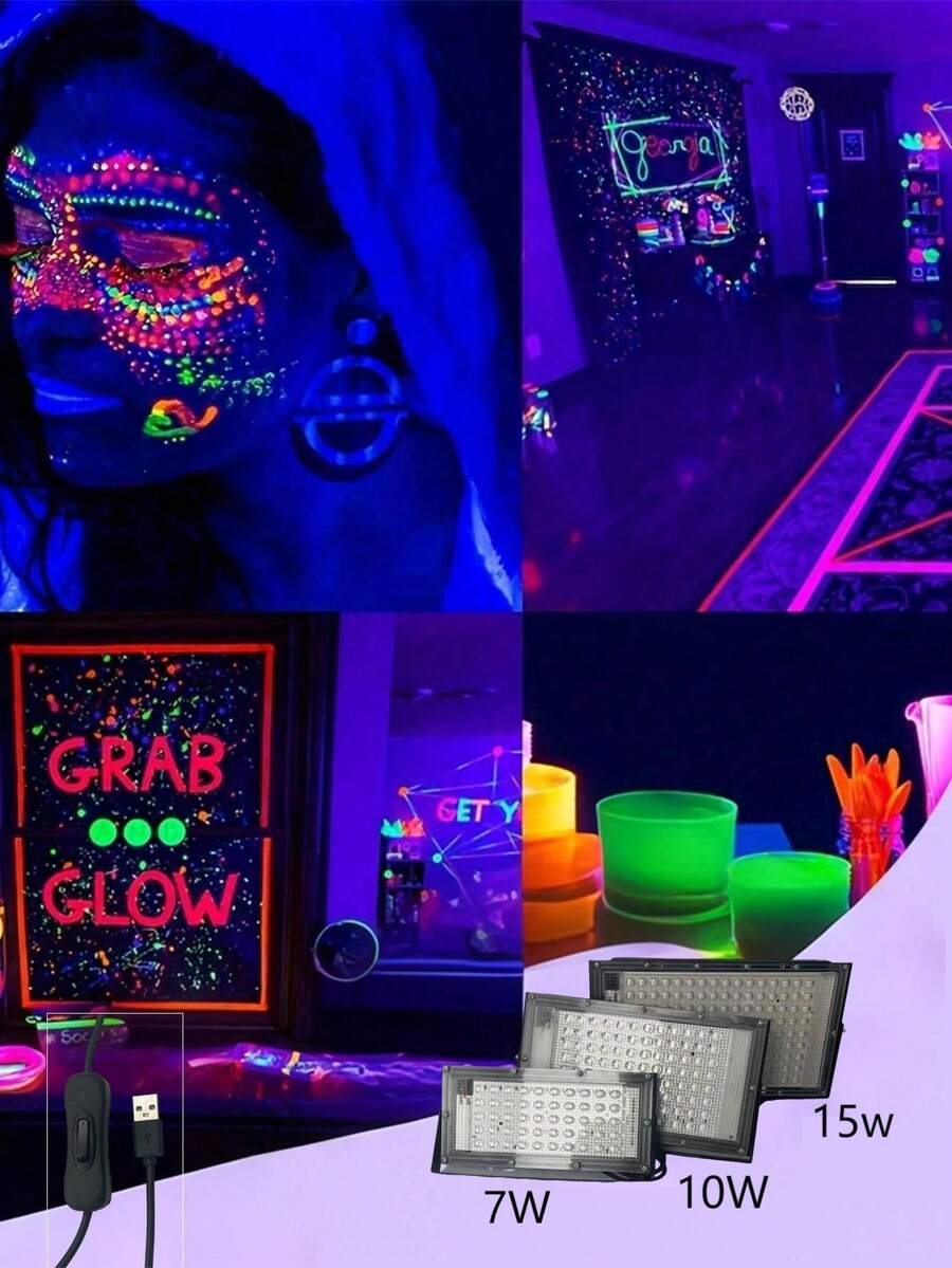 Suitable For Outdoor Use: LED Ultraviolet Blacklight, Ultra-Thin Outdoor Floodlight, With USB Plug, Switch Control , For Stage Lighting,Body Painting, Neon Lights. - UV purple black light with USB plug - View 1