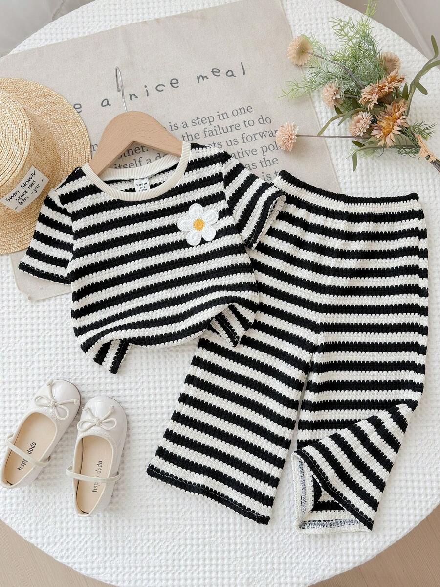 SHEIN Baby Girl Knit Striped Round Neck 3D Floral T-Shirt And Long Pants 2 Pieces Set - Black - View 1