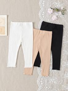 SHEIN Vintaside Kids 3件組女嬰夏季服飾 開學季 6個月-3歲 休閒極簡風 白色 黑色 灰色 杏色 寬螺紋波浪下擺 鬆緊腰彈性內搭褲 舒適柔軟 適合運動通勤 春夏出遊與禮品 - 彩色 - 查看 2
